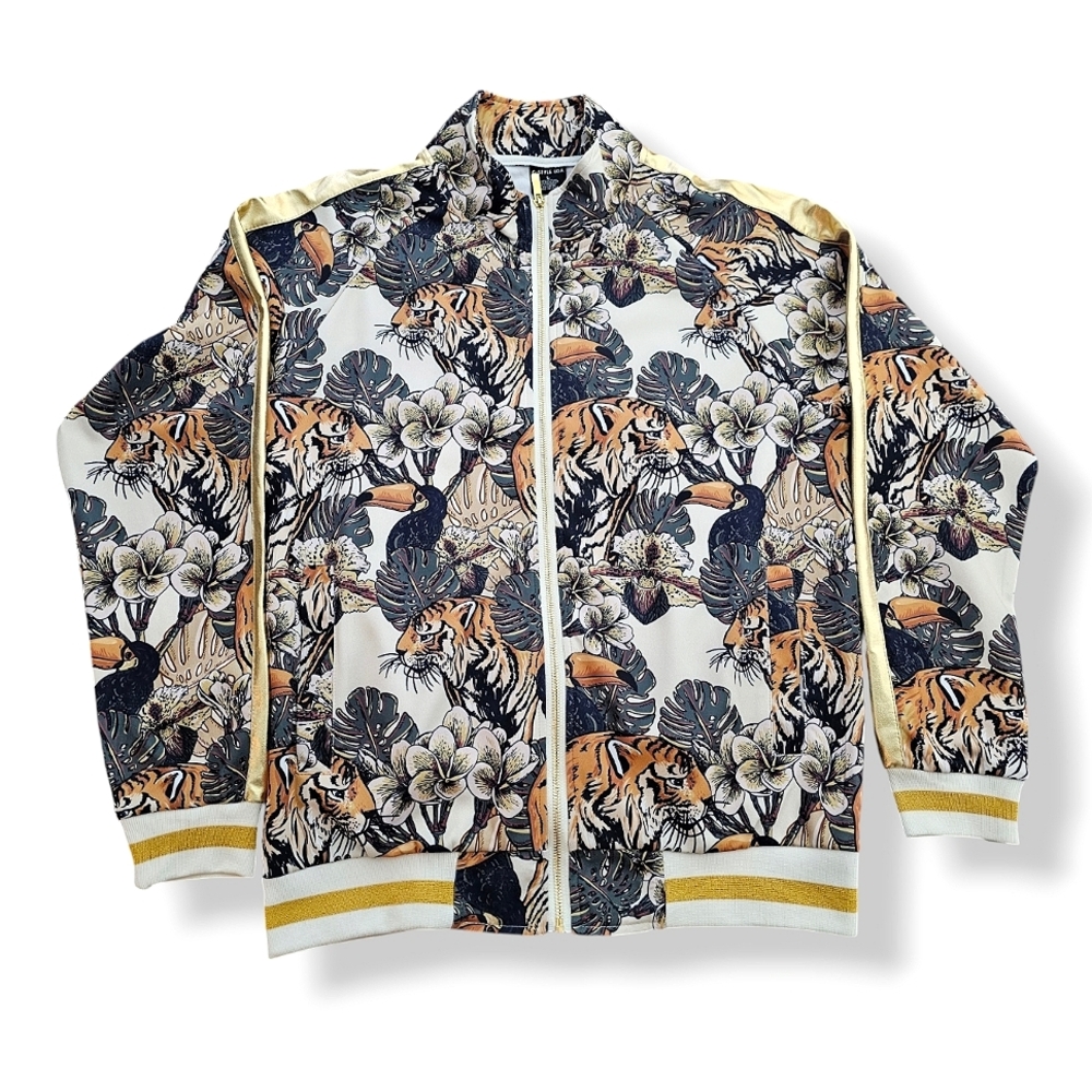 Floral Tiger Print Metallic Gold Side Stripe Track Jacket by G-Style